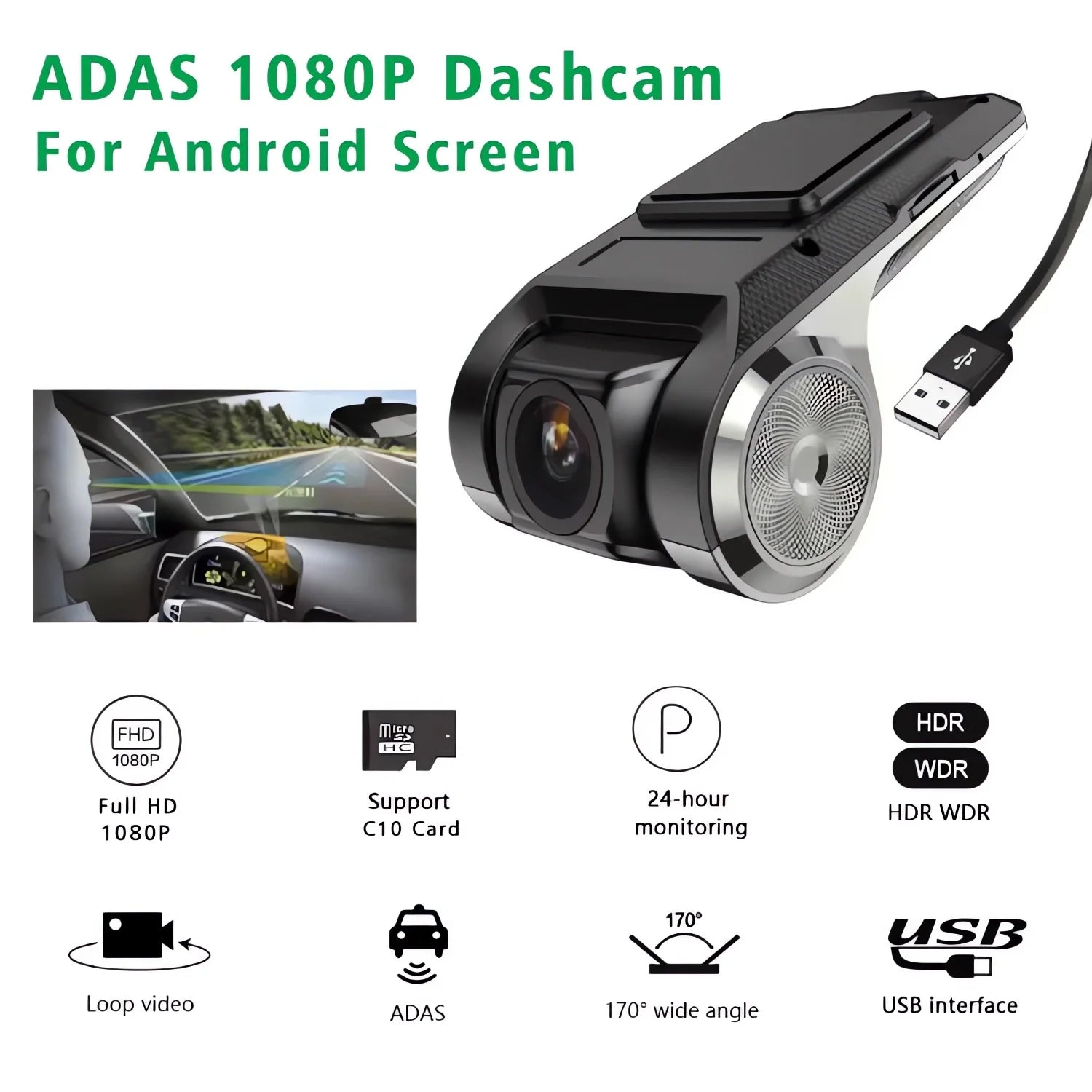 USB Car DVR for Android Media Navigator Dash Cam HD Camera Driving Recorder Comes with ADAS Driving Assistance Function