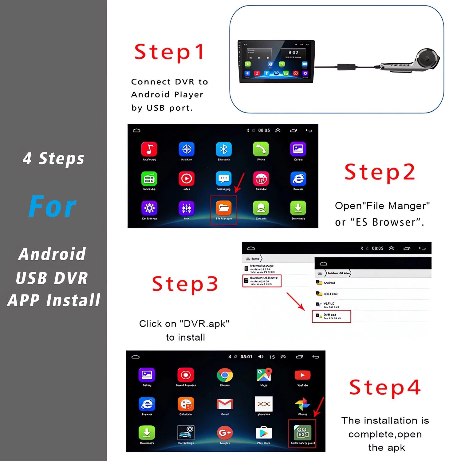 USB Car DVR for Android Media Navigator Dash Cam HD Camera Driving Recorder Comes with ADAS Driving Assistance Function